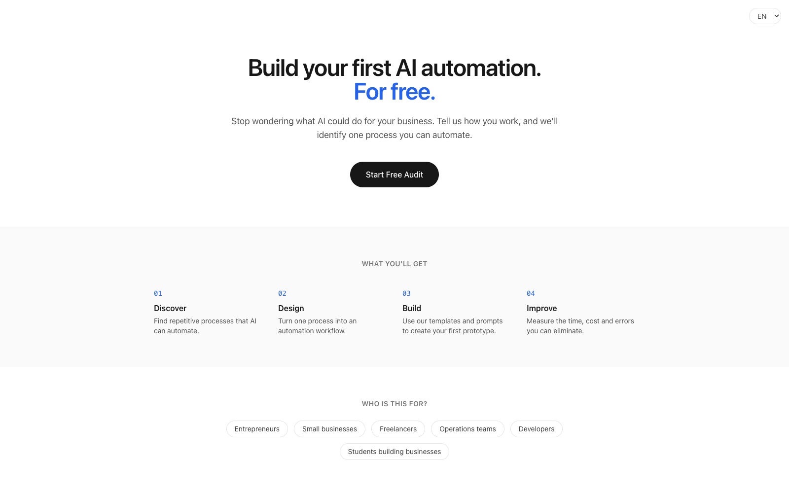AI Automation Starter Kit landing page: build your first AI automation, for free