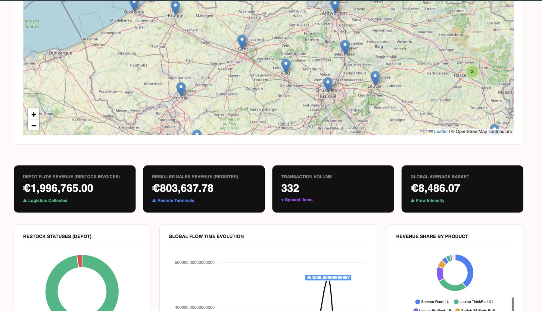 REM analytics dashboard: reseller geographic tracking map and revenue KPIs